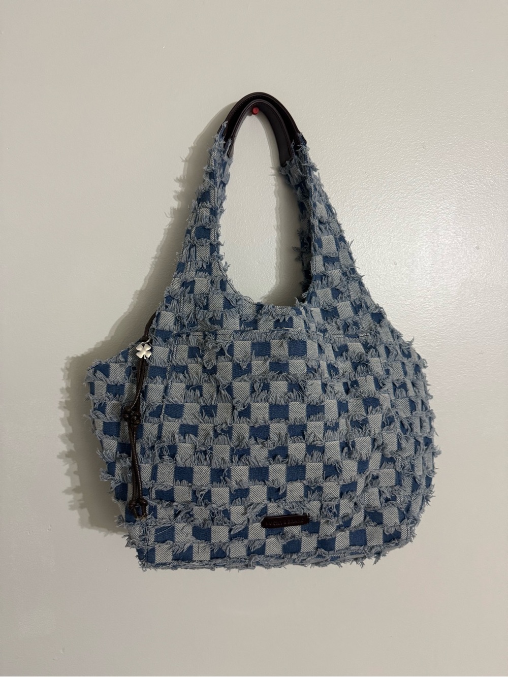 Lucky Brand Frayed Check Denim Boho Bag - Blue
